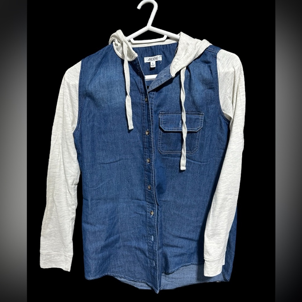 Ardene Faux Denim Button down with built in Sweater/Hoodie Sz SM